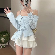 Yellwell 여성 오프숄더 블라우스 봄여름 불규칙 디자인 허리 조임 셔츠 스트랩 상의 플리츠 스커트 세트 DJP