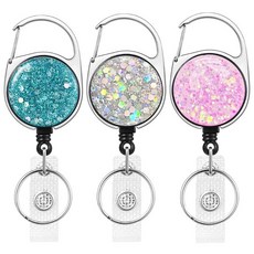 3팩 접이식 카라비너 배지 홀더 간호사 교사 이름 카드 키체인용 벨트 클립이 있는 FadyRaye 릴 [반짝이는 귀여운 디자인 68.6cm(27인치) 나일론 와이어 코드] 1, 3팩 접이식 카라비너 배지 홀더, 간호사 교사 이름 카