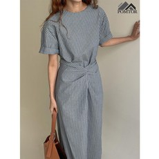 POMTOR 여름 여성 슬림 루즈핏 셔츠 스트라이프 롱원피스