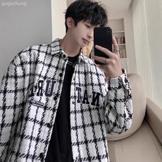 青少年秋冬季新款寬鬆情侶休閒刺繡夾克翻領常規款外穿潮格子長袖