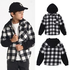 인디고키즈 중계점 트렌디하고 힙한 디자인 후드와 소매 배색 포인트 체크패턴 셔츠형 자켓 8~13세 사이즈 후드 소매배색 셔츠자켓 (블랙) IKYC24W02