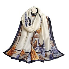 Aufeel 패션 스카프 100% 새틴 실크 롱 경량 자외선 차단 숄 랩 여성용 헤어 스카프 플라워 프린트 라지 141410, 꽃 테두리