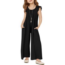 Haloumoning 여아용 와이드 레그 루즈 점프수트 아동용 캐주얼 러플 소매 라운드넥 롬퍼 포켓 포함 만 5~14세 블랙.