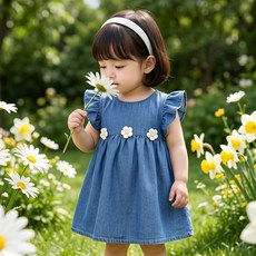 몽실이 데님 플라워 프릴 민소매 원피스