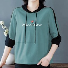 ROYALBELLE 여성 후드 프린트 패턴 디자인 배색 디자인 캐주얼 7부소매 맨투맨 T04086