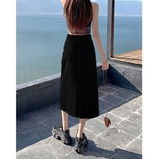 Yellwel 여름용 복고풍 소가죽 스커트 하이웨이스트 뒷트임 디자인 DJP