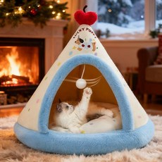 Arsjuo 보온 고양이 숨숨집 침대 강아지 겨울집, 1개, 불루