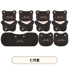 四季通用黑貓汽車坐墊亞麻卡通刺繡可愛女士透氣免綁椅套車用座墊, 1個, 七件套 棉麻黑貓:七件套 棉麻黑貓