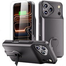 진 폭시 아이폰 17 프로 맥스 배터리 케이스 스탠드 포함 충전 충전기 8500mAh 초슬림 가벼운 강력한 팩 15W 고속 가능 방수 TPU 주스 박스 6.9인치 검정, 블랙