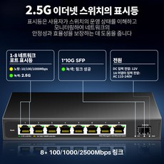 AMPCOM 2.5GbE 관리 스위치 영국 플러그 8 포트 2.5 GBASE-T 네트워크 스위치 10G SFP + 슬롯 업 링크 웹 관리 QOS VLAN LACP 팬리스, 1개