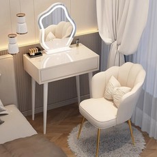 화장대 조립식 LED 화장대 미니 입식 공주 거울 화이트 침실, 6 큐화이트60CM테이블 구름거울 화이트골드꽃잎의자