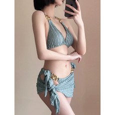 獨家布料 高品質版本 網格金鍊三件式比基尼 綁帶款 性感比基尼 女生泳衣, 清新藍綠色L碼【BC罩杯】, (m19)清新藍綠色