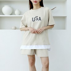 SOON2DLE 女款字母印花假兩件式短袖T恤+短褲運動套裝