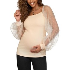 여성용 임산부 메시 긴소매 랜턴 슬리브 셔츠 귀여운 스위스 도트 블라우스 트렌디 캐주얼 가을 임산부 상의 라이트 살구. M, XL, 라이트 살구