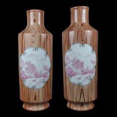 《博古珍藏》清乾隆木紋釉開光胭脂紅山水圖花瓶一對 宮廷珍藏老件文物瓷器