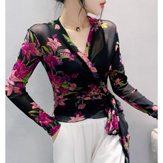 쌍천 여성 라인댄스복 상의 브이넥 긴팔 메쉬 라틴 플라워 무대의상 A25121710