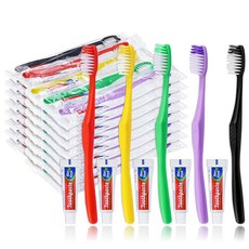 HAIFOTRVA 치약이 있는 일회용 칫솔 30개 치약이 있는 일회용 칫솔 개별 포장된 일회용 여행용 칫솔 키트 벌크 노숙자 호텔 손님용(5가지 색상), 30