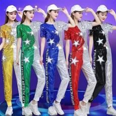 페이준 재즈댄스 공연복 현대무용 응원복 방송 댄스복 연습복 반짝이 단체응원복 반팔티 바지 2종세트 YDW914