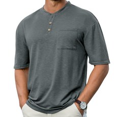 Opomelo 남성용 헨리 셔츠 반소매 애슬레틱 스트레치 티 베이직 여름 버튼 티셔츠 포켓 포함 데님 블루 XXL 269817, 다크 그레이