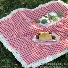 NBZH黃色野餐墊戶外桌布露營地墊防潮布藝墊防加厚野餐地墊家用野餐布, 紅色格子+花邊