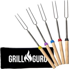 Grill Guru 화덕용 스모어 스틱 - 캠프파이어 마시멜로 로스팅 키트 야외용 꼬치 핫도그 포크 캠핑 필수품 모닥불 기어 롱 81.3cm(32인치) 10팩 279053, 5 Fork Set