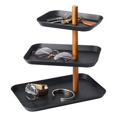 YAMAZAKIHomeRin3단액세서리트레이-주얼리홀더및보관정리함 나무악센트가있는금속-스틸124278, 블랙