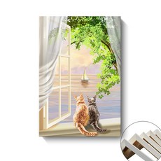 可愛貓咪裝飾掛畫 北歐風 無框畫 餐廳 客廳 房間 廁所 民宿 禮物 水彩裝飾 掛畫, 窗邊貓咪H(超過5個請下宅配)