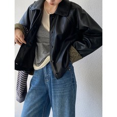 高質量 複古翻領拚接黑色工裝皮衣外套