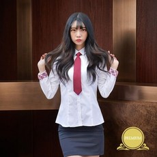 여성 프리미엄 스판 각카라 체크 배색 포인트 화이트 긴팔 슬림핏 학생 교복 셔츠