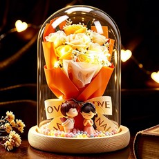 프리저브드 플라워 유리돔 무드등 꽃다발 커플 인형 여자친구 여성 아내 생일 선물, 1개, 오렌지+화이트 장미 무드등 1개, 오렌지+화이트 장미 무드등