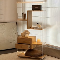 H N Quality Home 바퀴 달린 아크릴 목제 수납장 다중 칸막이 주방 거실 침대 옆 선반, 나뭇결