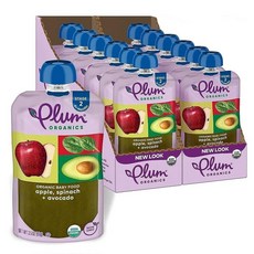 Plum Organics 2단계 유기농 이유식 - 사과 블랙베리 코코넛 크림 귀리 - 99.2g(3.5온스) 파우치 (12팩) - 유기농 과일 및 채소 이유식 파우치, 사과, 시금치 + 아보카도