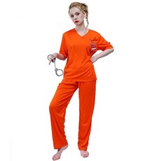 오렌지 교도소 수감자 코스튬 할로윈 여성용 유니폼 교정부 유니폼 세트 성인 사이즈 주황색. S