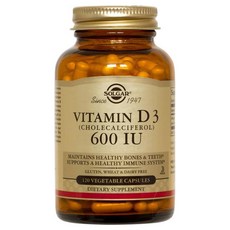 SOLGAR 無麩質維他命D3膽鈣化醇素食膠囊 600IU, 120顆, 1罐