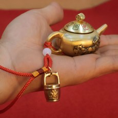 黃銅迷你茶壺 手把玩工藝品 龍鳳紋飾 招財擺飾 麻將趣味小物 桌面裝飾 創意禮品+把把壺轉轉+紅繩+迷你一桶金