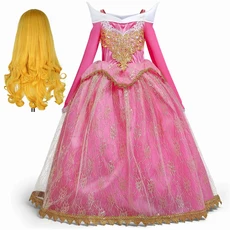 잠자는 숲 속의 아름다움 오로라 코스프레 공주 드레스 소녀를위한 인쇄 긴 소매 로즈 레드 맥시 2-12, 06 Dress 07, 02 5-6Y(130), 1