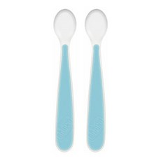 Chicco 寶寶餵食湯匙，柔軟匙面呵護牙齦，安全無毒材質，符合人體工學設計，讓寶寶愛上吃飯, 柔軟矽膠幼兒湯匙2入 藍綠, 1個