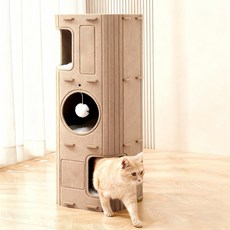 BangPang다기능 3단 캣타워 하우스 반폐쇄 고양이 집 펠트 스크래치, 1개, 베이지