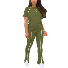 STOLKISS 여성용 투피스 의상 여름 운동 스웨트수트 스트라이프 반소매 롱 플레어 팬츠 캐주얼 휴가 트랙수트 692 블랙 라지, 올리브 그린