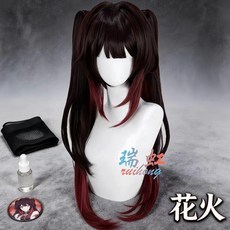 崩壞星穹鐵道 花火cosplay假髮 雙馬尾漸變黑紅, 1個, 假髮+髮網（玫瑰網）