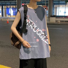 國潮風櫻花個性印花無袖t恤男ins潮牌美式青少年夏季薄款休閒背心