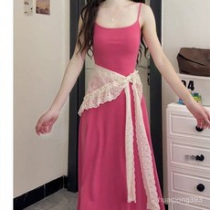 Yellwell여름용 슬리브리스 롱 드레스 레이스 장식 허리 리본 드레스LST