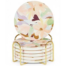 세라믹 흡수성 컵받침 6개 세트 홀더 포함 커피 테이블용 대리석 음료 컵받침 수분 흡수 스톤 컵받침 (임프레션), Bloom