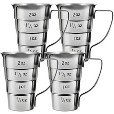 손잡이가 달린 스텝드 지거 4개 바텐딩용 칵테일 지거 2온스 스테인리스 스틸 주류 계량컵 304개 바 용품 레스토랑용 샷 측정컵 식기세척기 금고 실버, 손잡이가 달린 스텝드 지거 4개 바텐딩용 칵테일 2온스