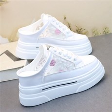 8cm 키높이 운동화 뮬 블로퍼 메쉬 가죽 슬리퍼 자수 샌들