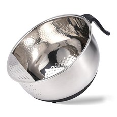 쌀 세척기 스트레이너 볼 퀴노아 세척 그릇 오순절 손잡이 스테인리스 스틸 소쿠리 다용도 측면 배수구 과일 채소 및 콩 헹굼 - 기울어진 미끄럼 방지 실리콘 바닥