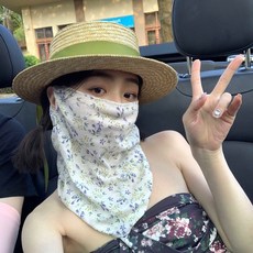 防曬面罩 夏季全臉防曬面罩女開車騎行防紫外線圍脖面紗口罩遮脖子護頸脖套, 1個, 高級小紫花