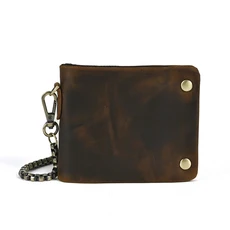 YETTIES 남성용 풀업 탑 그레인 가죽 지갑 탈부착 가능한 체인이 있는 짧은 지퍼 이중 접이식 레트로 실용, 01 coffee with chain