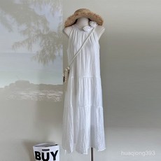 Yellwell여름 시원한 핑거링 홀터넥 롱 원피스 무지 면 마 원피스 여성용LST