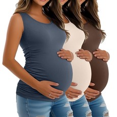 Riyiper 3팩 여성용 임산부 탱크탑 민소매 면 셔츠 골지 니트 사이드 주름 장식 기본 엄마 의류 그레이 블루 라벤더 라이트 브라운 S 190950, L, 헤이즈 블루, 살구, 커피